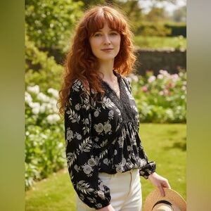 Eclipse Black White Floral Crochet Lace Puffy Sleeve Blouse Size XL